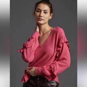 Pilcro v neck waffle knit ruffled raspberry pink top slouchy Medium